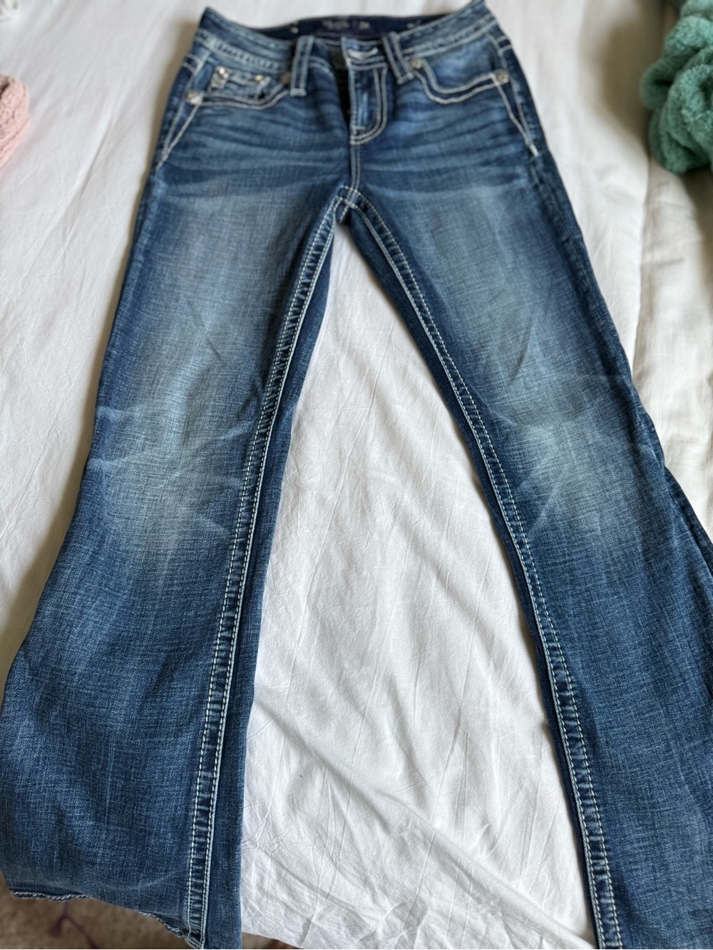 Miss Me Dark Blue Rhinestone Wing Pocket Boot Cut Jeans - Picture 2 of 5